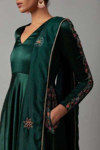MALIKA- EMERALD GREEN MASHRU SILK EMBROIDERED ANARKALI SET