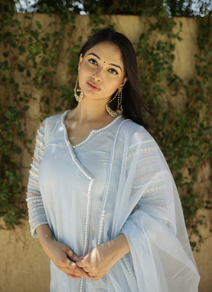 Malsa Powder Blue Hand Woven Chanderi Suit set with Pearl Embroidery ...