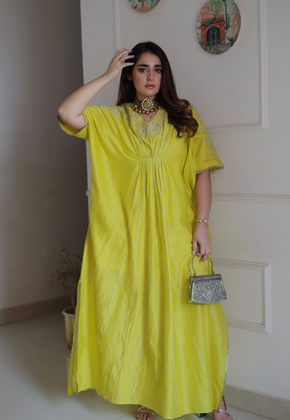 MASHA- LIME GREEN CHANDERI SILK KAFTAN WITH ZARI EMBROIDERY