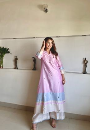 Sora Powder Pink Hand woven Chanderi Co-ord  set with Pearl Embroidery