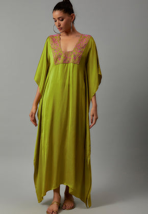 ALYNA- LIME GREEN SATIN EMBROIDERED KAFTAN