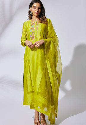 CYRA- LIME GREEN PURE CHANDERI EMBROIDERED KURTA SET