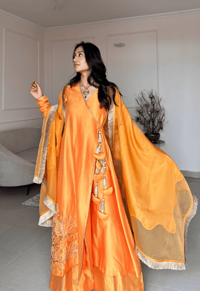 KAFIYA- LIGHT ORANGE CHANDERI SILK ANGHARKHA SET WITH ZARI EMBROIDERY