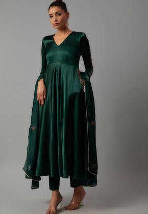 MALIKA- EMERALD GREEN MASHRU SILK EMBROIDERED ANARKALI SET