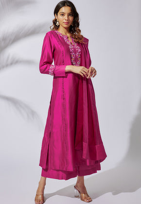 AERIS-FUSCHIA PINK PURE CHANDERI EMBROIDERED KALI SUIT SET