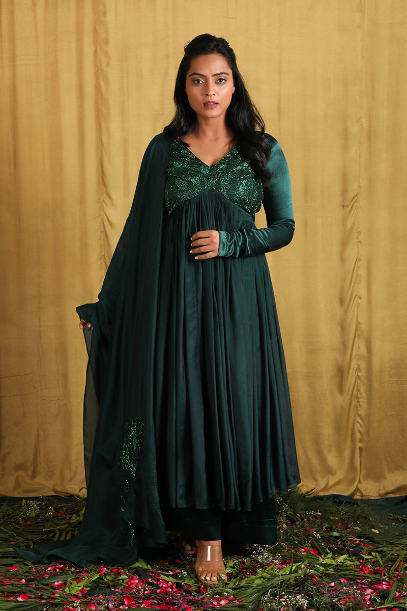 MIRAY- EMERALD GREEN EMBROIDERED ANARKALI SET - The Aarya Shop MIRAY- EMERALD GREEN EMBROIDERED ANARKALI SET - The Aarya Shop