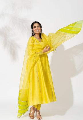 LUCIA- YELLOW PURE CHANDERI LACE EMBROIDERED ANARKALI SET