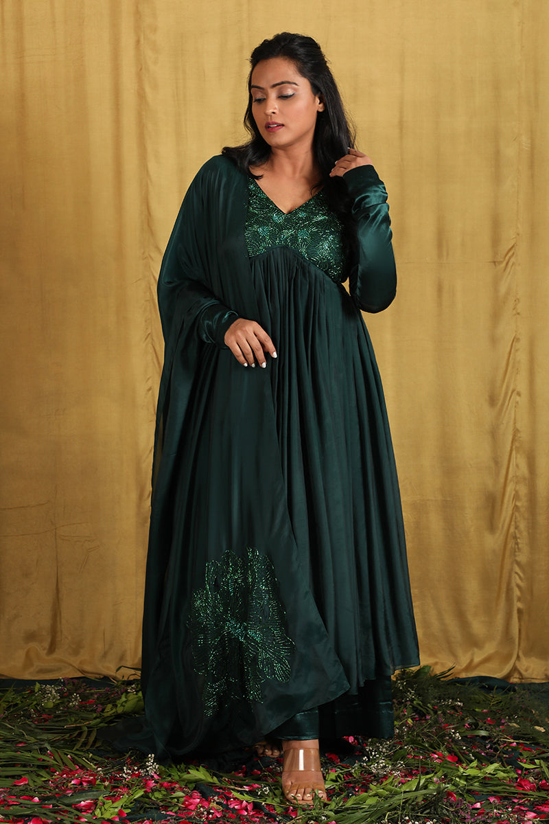 MIRAY- EMERALD GREEN EMBROIDERED ANARKALI SET - The Aarya Shop