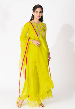 Pheobe- Lime Green Pure Chanderi Emboidered Palazzo Suit Set