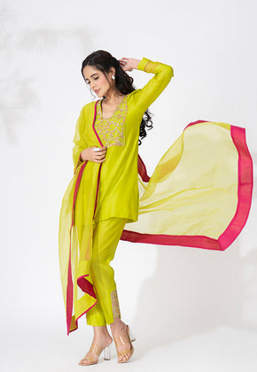 ORIANA- LIME GREEN PURE CHANDERI EMBOIDERED SHORT KURTA SET