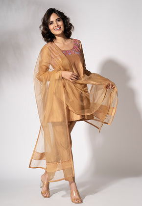 DIORA- GOLD PURE CHANDERI KALI SHORT KURTA SET