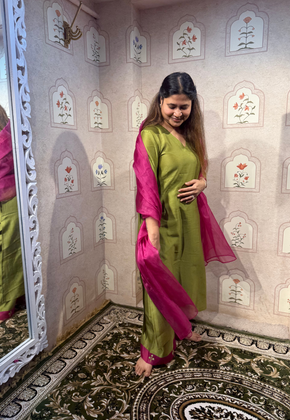 Mehendi Green Kurta Set with Sheer Pink Dupatta