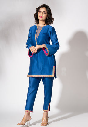 MEIRA- ELECTRIC BLUE PURE CHANDERI LACE EMBROIDERED SUIT SET