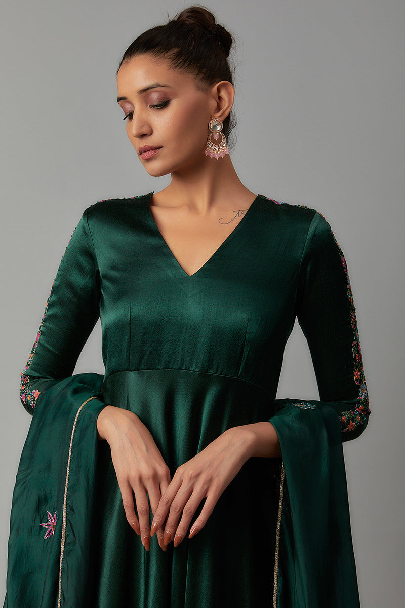MALIKA- EMERALD GREEN MASHRU SILK EMBROIDERED ANARKALI SET - The Aarya Shop MALIKA- EMERALD GREEN MASHRU SILK EMBROIDERED ANARKALI SET - The Aarya Shop