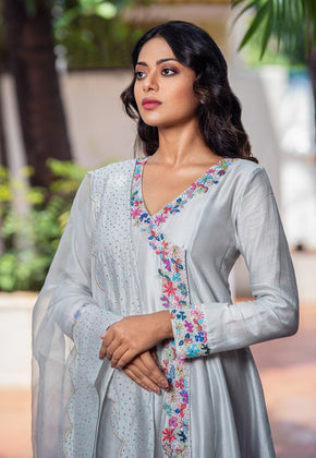 HYDRANGEA GARDEN- LIGHT GREY ANGARAKHA ANARKALI SET.