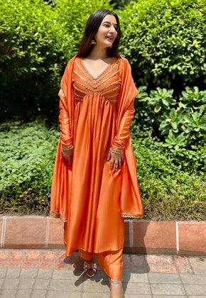 SUNBEAM- ORANGE CHANDERI LACE EMBROIDERED ANARKALI SET