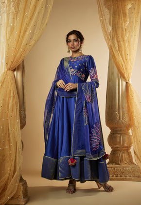 Mah- Ink Blue Chanderi Silk Pitta and Applique work Anarkali Set