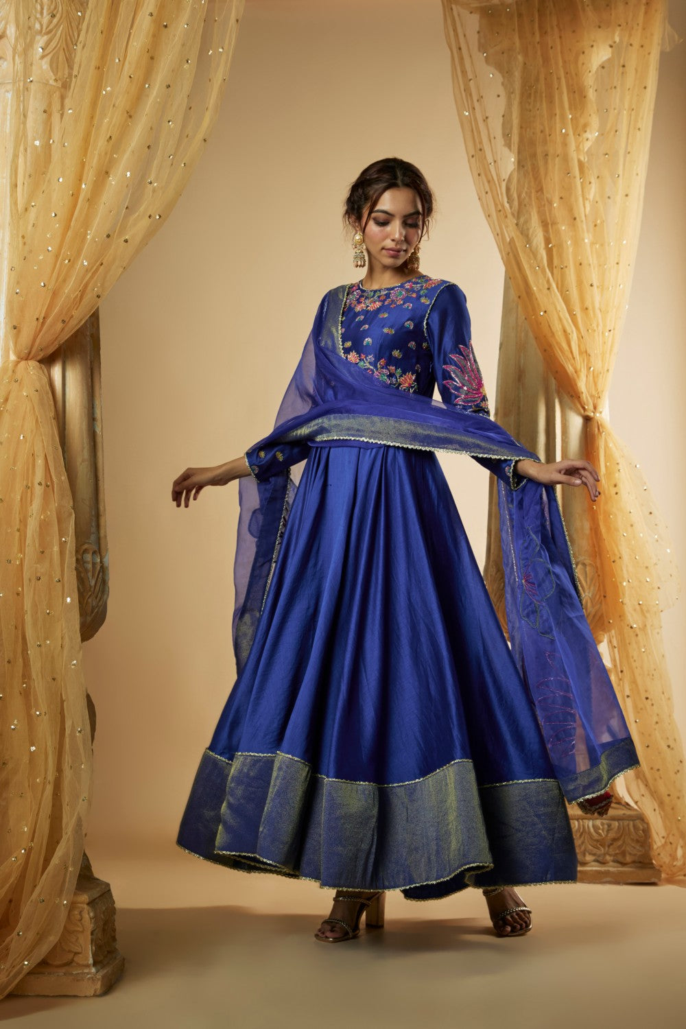 Mah- Ink Blue Chanderi Silk Pitta and Applique work Anarkali Set - The Aarya Shop Mah- Ink Blue Chanderi Silk Pitta and Applique work Anarkali Set - The Aarya Shop