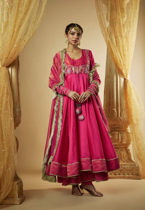 Kamaira- Pink Chanderi Silk and zari organza Pitta work Anarkali Set