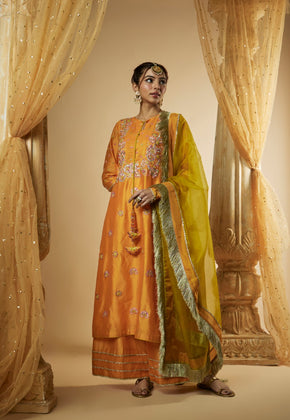 Amal- Light Orange Chanderi Silk Pitta work kurta Set