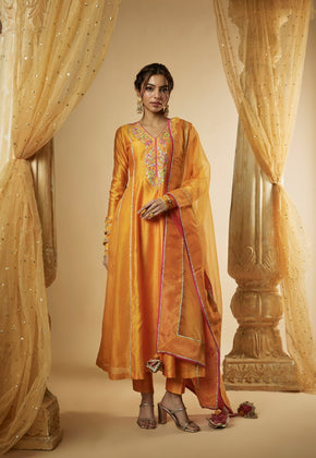 Umber- Light Orange Chanderi Silk and Zari Organza Pitta work Anarkali Set