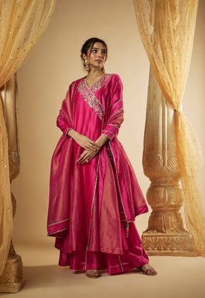 Selena- Pink Chanderi Silk and Zari Organza Pitta work Angarakha Set