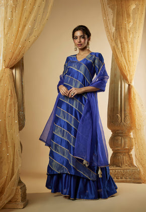 Nila- Ink Blue Chanderi Silk and Zari Organza panelled Kurta Set