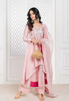 YESHA- PEACH HANDWOVEN CHANDERI EMBROIDERED HIGH LOW ANARKALI SET