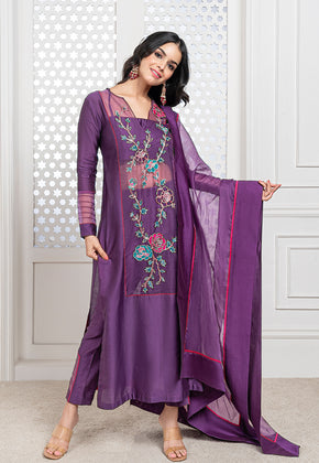 NAVYA- PURPLE HANDWOVEN CHANDERI EMBROIDERED KURTA SET