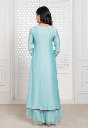 INA-  AQUA BLUE HANDWOVEN CHANDERI KURTA SET