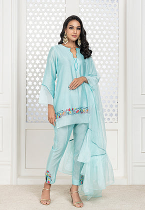 ADIRA- AQUA BLUE HANDWOVEN CHANDERI EMBROIDERED SHORT KURTA SET