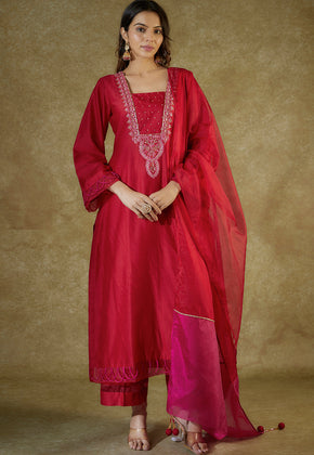 KASHVI - RED CHANDERI EMBROIDERED SUIT SET