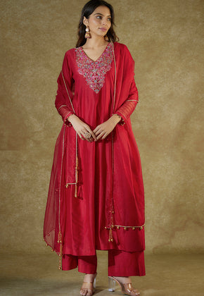 IRYA - RED CHANDERI EMBROIDERED PLEATED KURTA SET