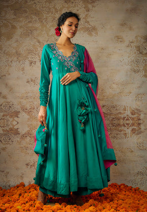 ANAHIRA- PEACOCK GREEN CHANDERI EMBROIDERED ANARKALI SET