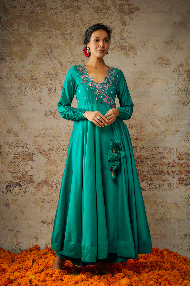 ANAHIRA- PEACOCK GREEN CHANDERI EMBROIDERED ANARKALI SET - The Aarya Shop ANAHIRA- PEACOCK GREEN CHANDERI EMBROIDERED ANARKALI SET - The Aarya Shop