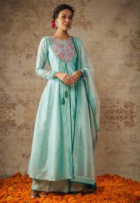 AYIRA- AQUA BLUE CHANDERI EMBROIDERED ANARKALI SET