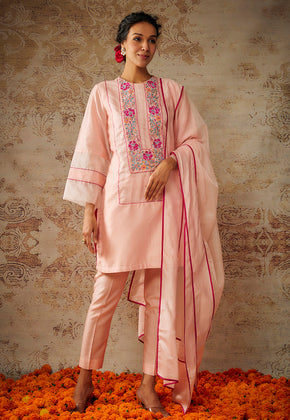 RIEKA- PEACH CHANDERI EMBROIDERED SHORT KURTA SET