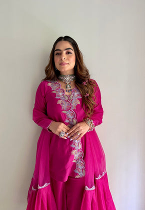 ELEANOR- FUSCHIA PINK PURE CHANDERI EMBROIDERED GHARARA SET