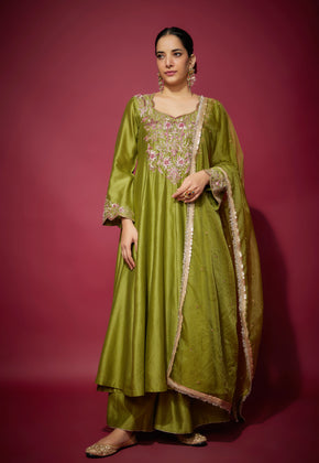 REYNA - Green Hand woven chanderi silk Semi Anarkali suit set with zardozi embroidery