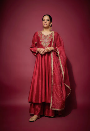 ATHIRA - Red Hand woven chanderi silk anarkali set with zardozi embroidery