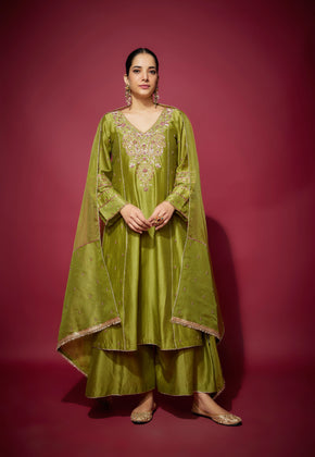 ARZU - Green Hand woven chanderi silk Kali suit set with zardozi embroidery