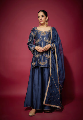 NEYLA - Navy Blue Hand woven chanderi silk Sharara set with zardozi embroidery.