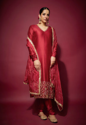 AYAT - Red Hand woven Chanderi silk Suit set with zardozi embroidery