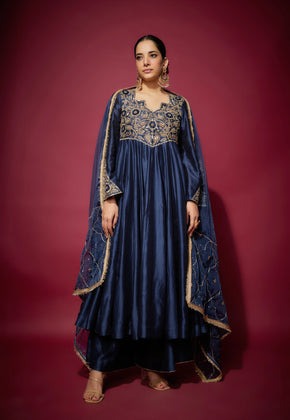 IZARA - Navy Blue Hand woven chanderi silk Anarkali set with zardozi embroidery.