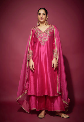 HANA - Pink Hand woven chanderi silk Kali suit set with zardozi embroidery