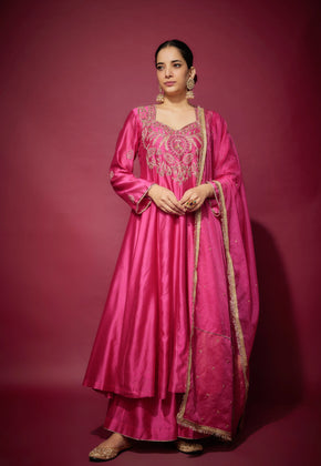 LAYLA - Pink Hand woven chanderi silk Semi Anarkali set with zardozi embroidery