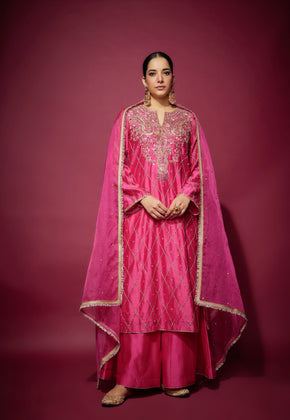 ALAIA - Pink Hand woven chanderi silk suit set with zardozi embroidery