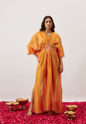 MIORAH- LIGHT ORANGE CHANDERI SILK WITH ZARI ORAGANZA PANELLED KAFTAN