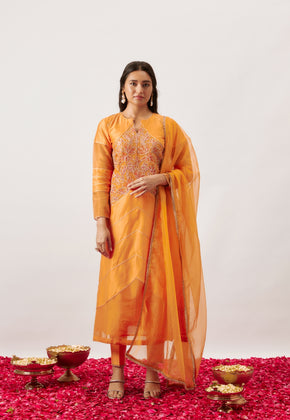 HASSIE- LIGHT ORANGE CHANDERI SILK PANELED SUIT SET WITH ZARI EMBROIDERY