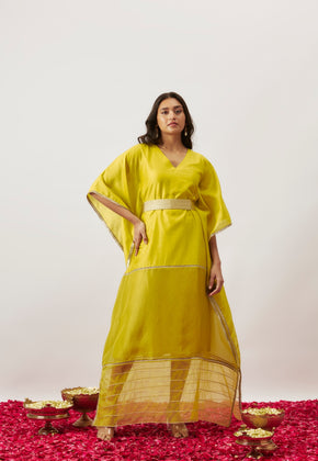 FIORA- LIME GREEN CHANDERI SILK KAFTAN WITH GOLDEN CHUNK BELT